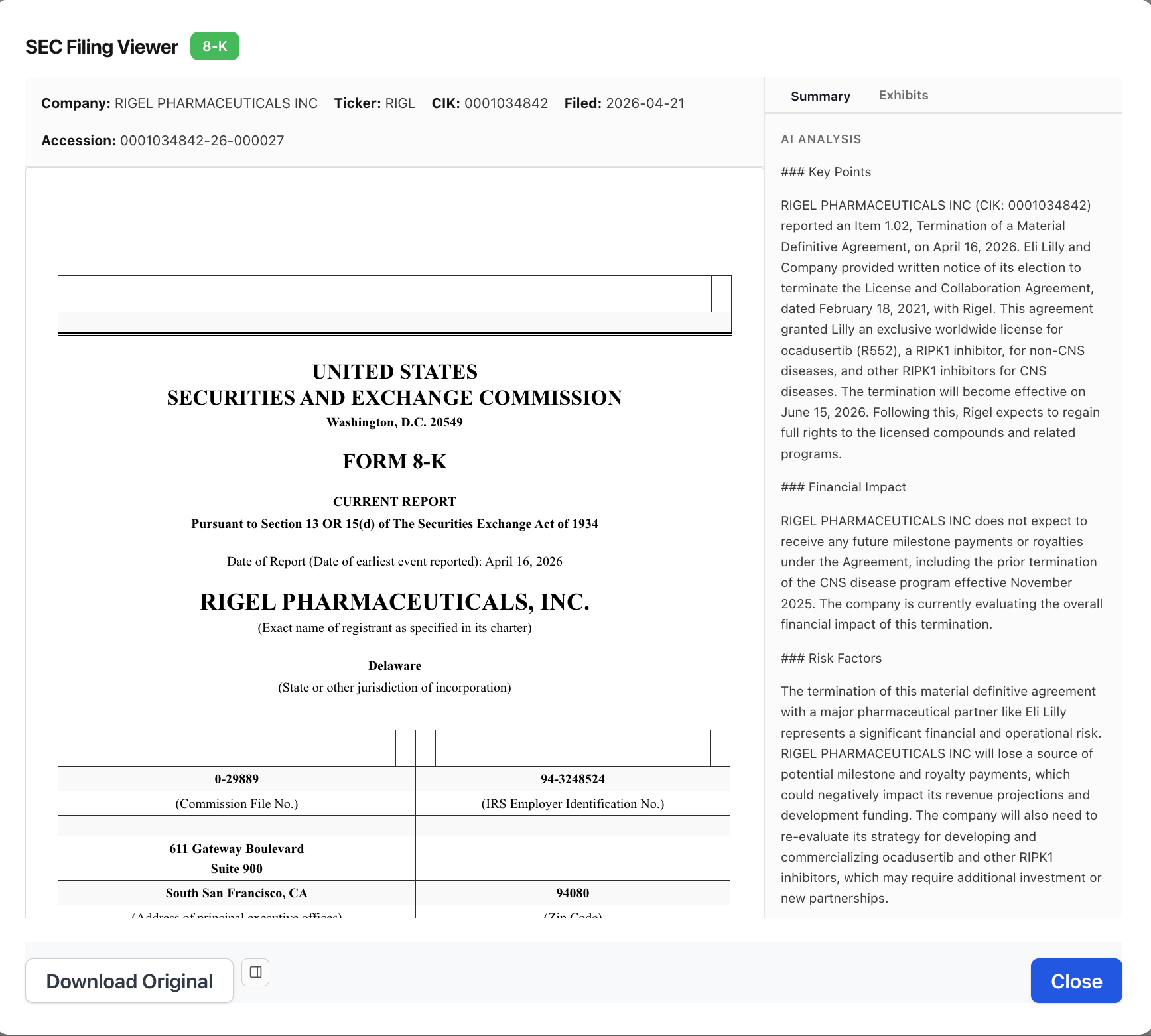 NexusAlert SEC Filing Viewer showing Rigel Pharmaceuticals 8-K filed April 21, 2026, with the AI Analysis pane summarizing Eli Lilly's termination of the License and Collaboration Agreement effective June 15, 2026, and noting the prior November 2025 termination of the CNS disease program