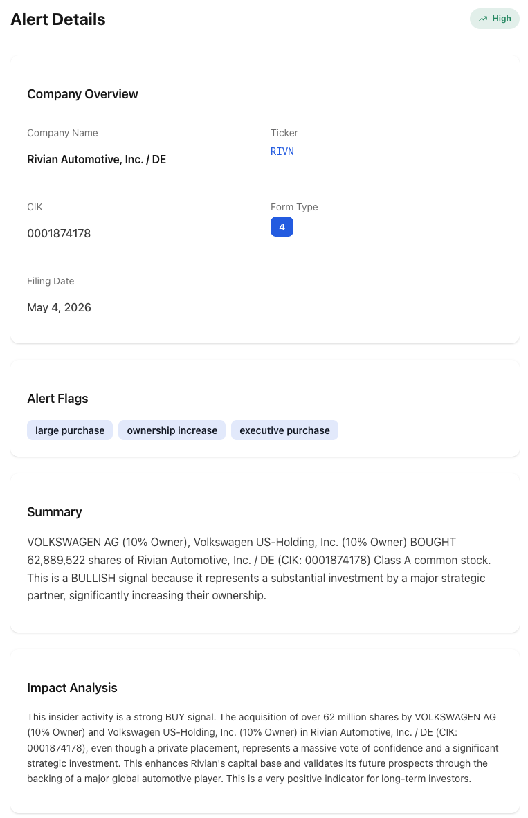 NexusAlert Alert Details page for Rivian Automotive, Inc. / DE (RIVN), showing a High-severity Form 4 alert dated May 4, 2026, with CIK 0001874178 and a flag stack of large purchase, ownership increase, and executive purchase. Summary discloses VOLKSWAGEN AG (10% Owner) and Volkswagen US-Holding, Inc. (10% Owner) BOUGHT 62,889,522 shares of Rivian Class A common stock as a BULLISH signal, with Impact Analysis describing the acquisition as a strong BUY signal representing a massive vote of confidence and significant strategic investment from a major global automotive player