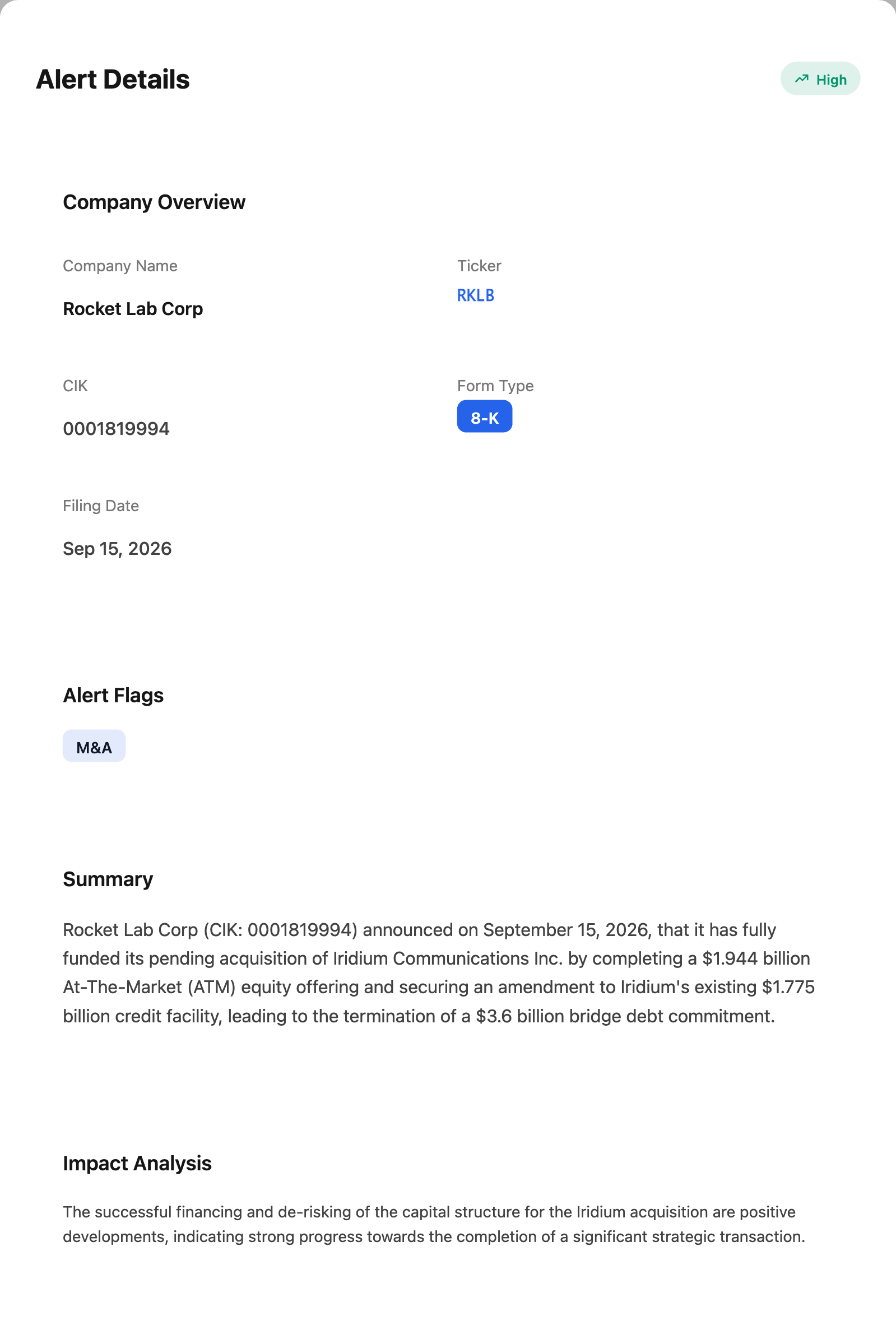 NexusAlert Alert Details modal showing the Rocket Lab Corp 8-K alert for fully funding its Iridium Communications acquisition, with High severity, M&A flag, AI summary, and impact analysis.