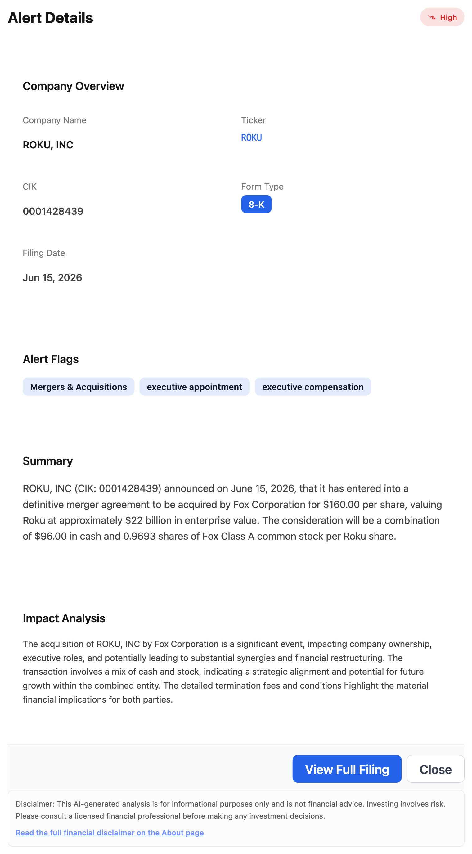 NexusAlert Alert Details for Roku's June 15, 2026 8-K, showing the Mergers and Acquisitions flag, the AI summary of the $160 per share Fox deal, and the impact analysis.