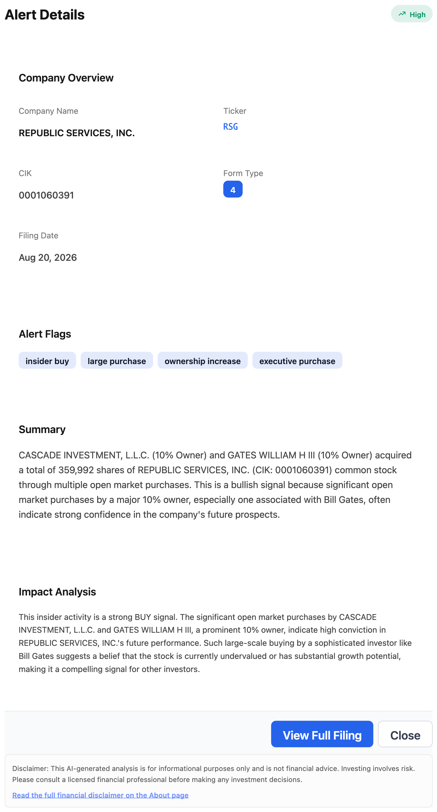 NexusAlert Alert Details for the Republic Services Form 4 showing ticker RSG, CIK 0001060391, Form Type 4, Filing Date Aug 20 2026, flags for insider buy, large purchase, ownership increase and executive purchase, and an AI Summary describing Cascade Investment and William H. Gates III acquiring 359,992 shares through multiple open market purchases as a bullish signal.