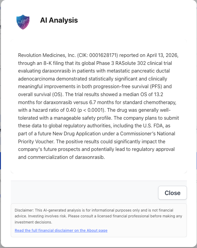 NexusAlert AI Analysis panel parsing the Revolution Medicines 8-K into structured efficacy data for daraxonrasib in Phase 3 RASolute 302 pancreatic cancer trial