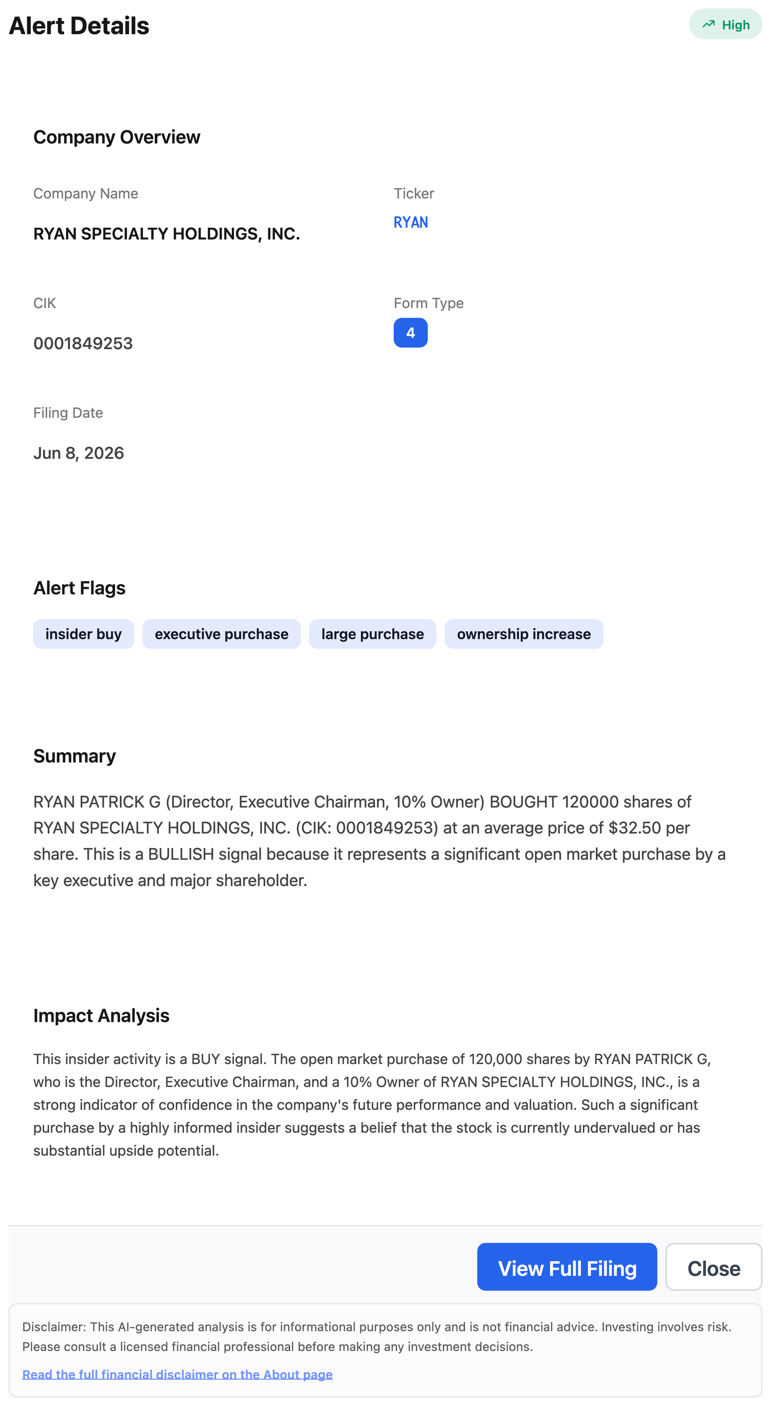 NexusAlert Alert Details modal for Ryan Specialty Holdings Form 4: ticker RYAN, CIK 0001849253, Form Type 4, Filing Date June 8 2026, alert flags insider buy, executive purchase, large purchase and ownership increase, plus the AI Summary and Impact Analysis describing Patrick Ryan's 120,000-share open-market purchase as a bullish signal.