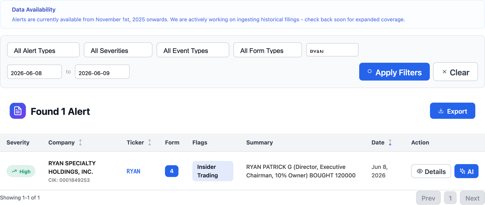NexusAlert alerts results row showing the Ryan Specialty Holdings Form 4 insider-trading alert, High severity, with the AI summary noting Patrick Ryan bought 120,000 shares, filed June 8 2026.