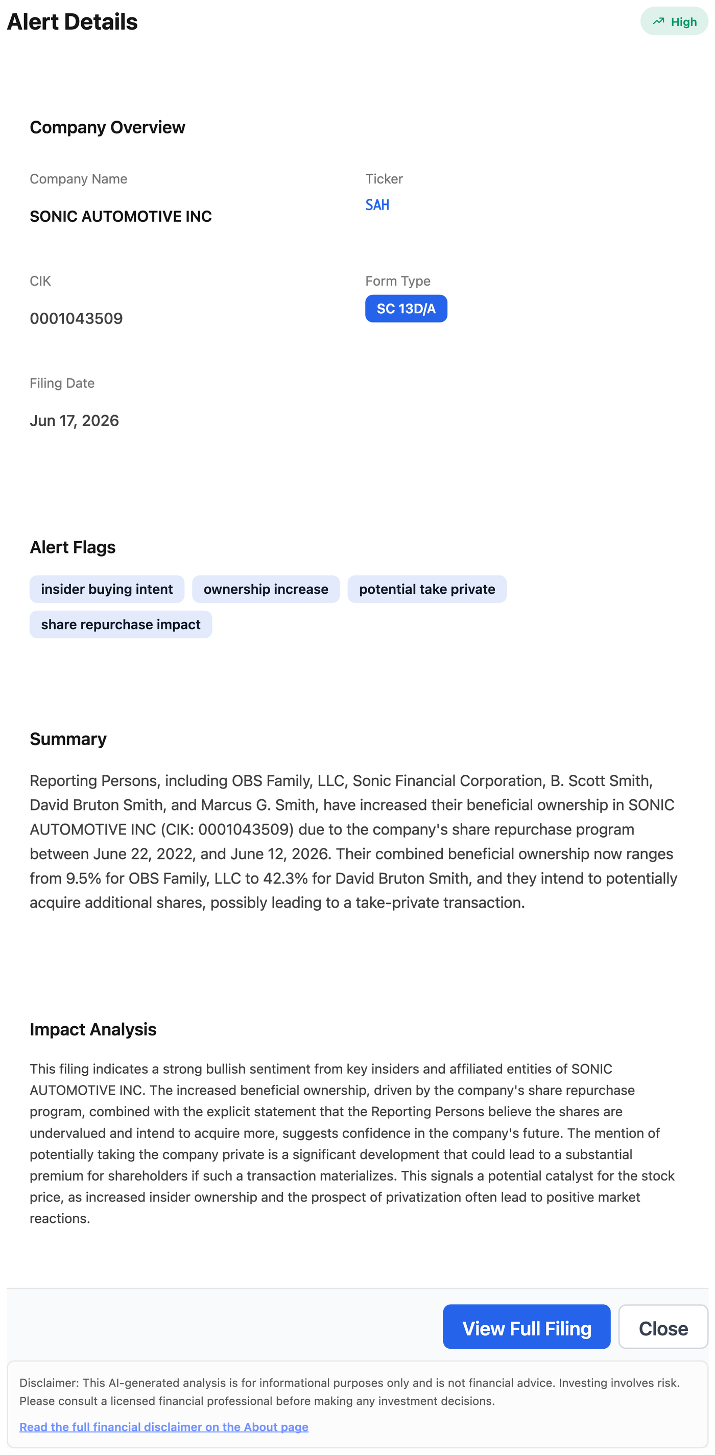 NexusAlert Alert Details for Sonic Automotive SC 13D/A showing 42.3 percent Smith family beneficial ownership, take-private flags, and the AI summary.