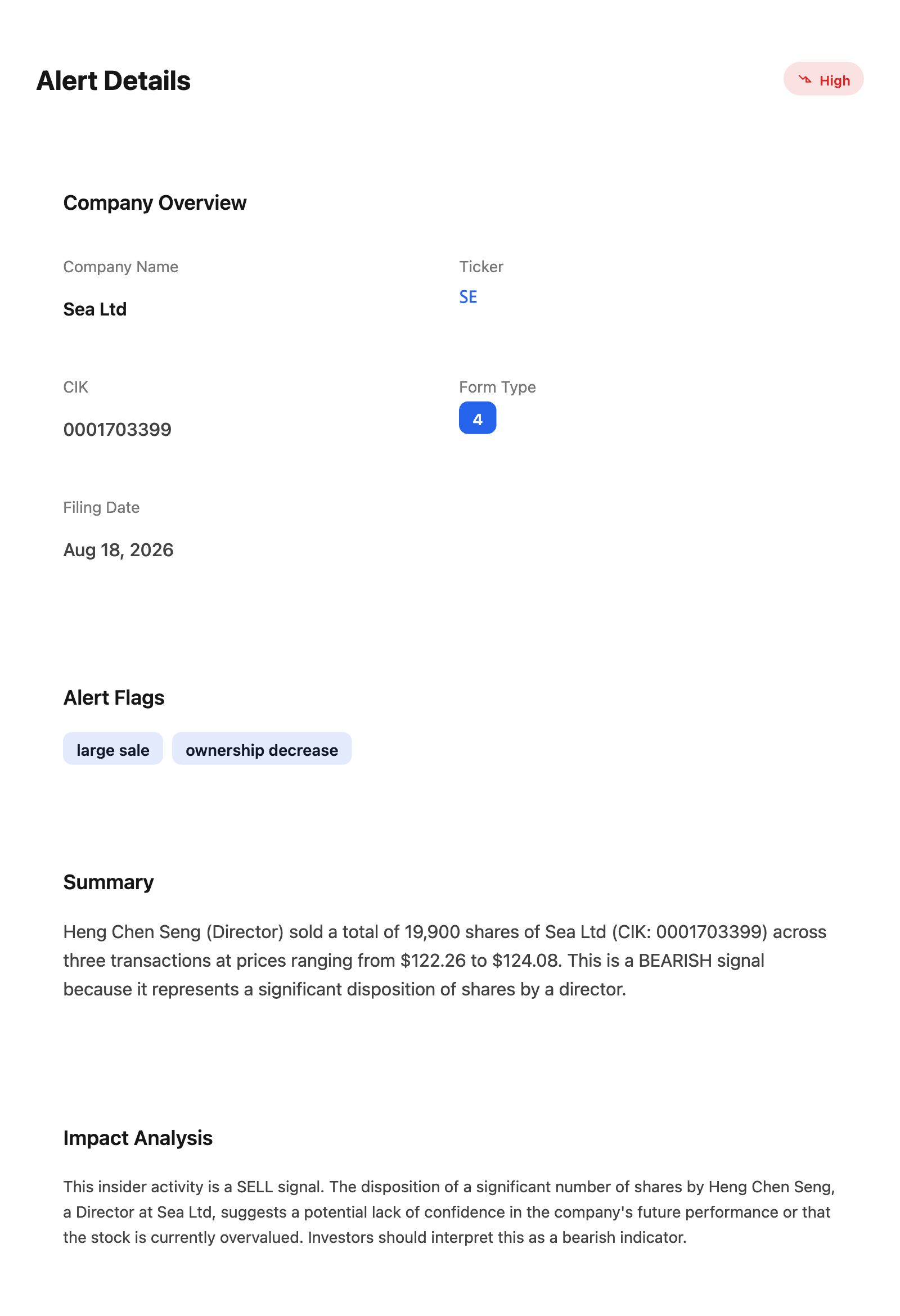 NexusAlert Alert Details for the Sea Limited Form 4 by director Heng Chen Seng, showing ticker SE, CIK 0001703399, Form Type 4, filing date August 18 2026, flags for large sale and ownership decrease, and an AI summary reading the sale as a bearish signal.