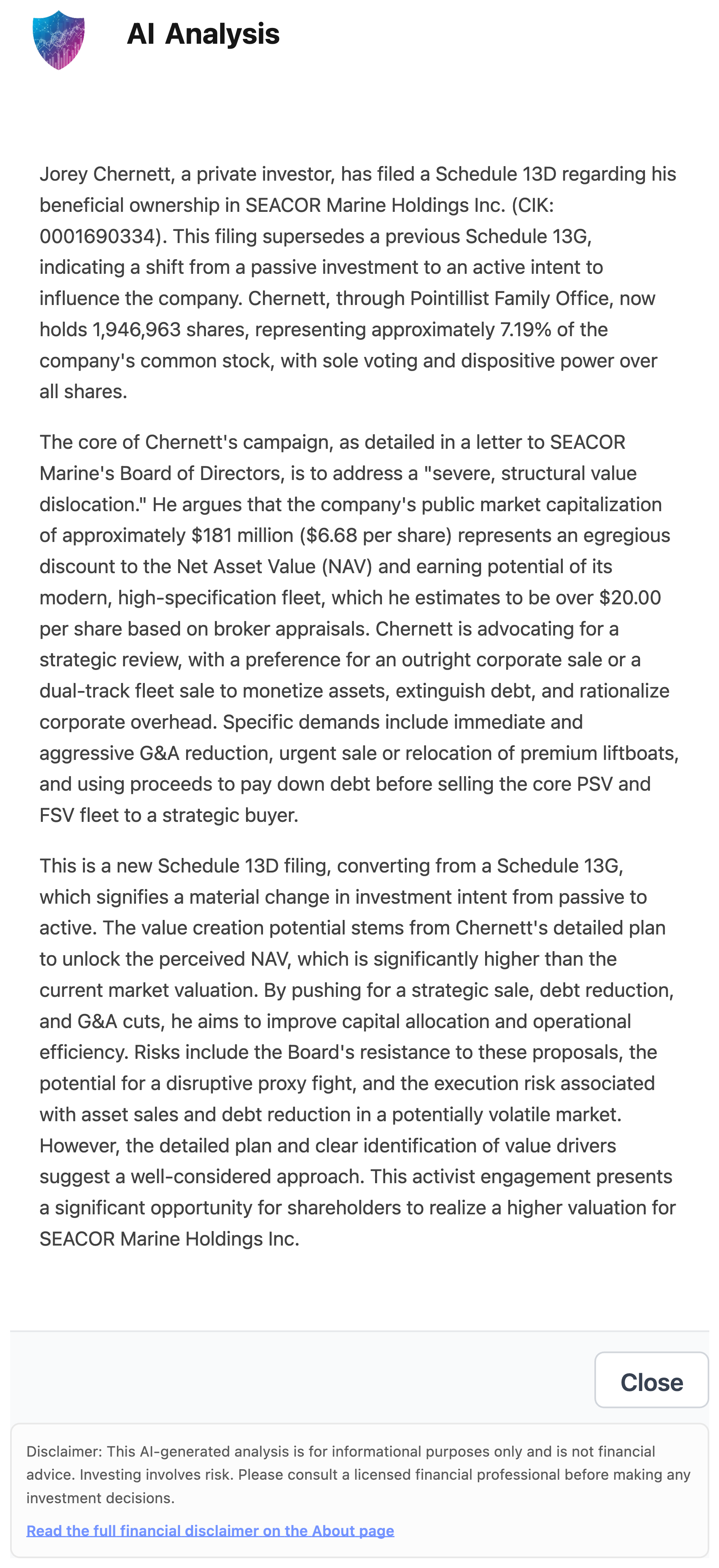 NexusAlert AI Analysis of the SEACOR Marine Schedule 13D detailing the 1,946,963 share position, the 13G to 13D conversion, and the strategic alternatives demand