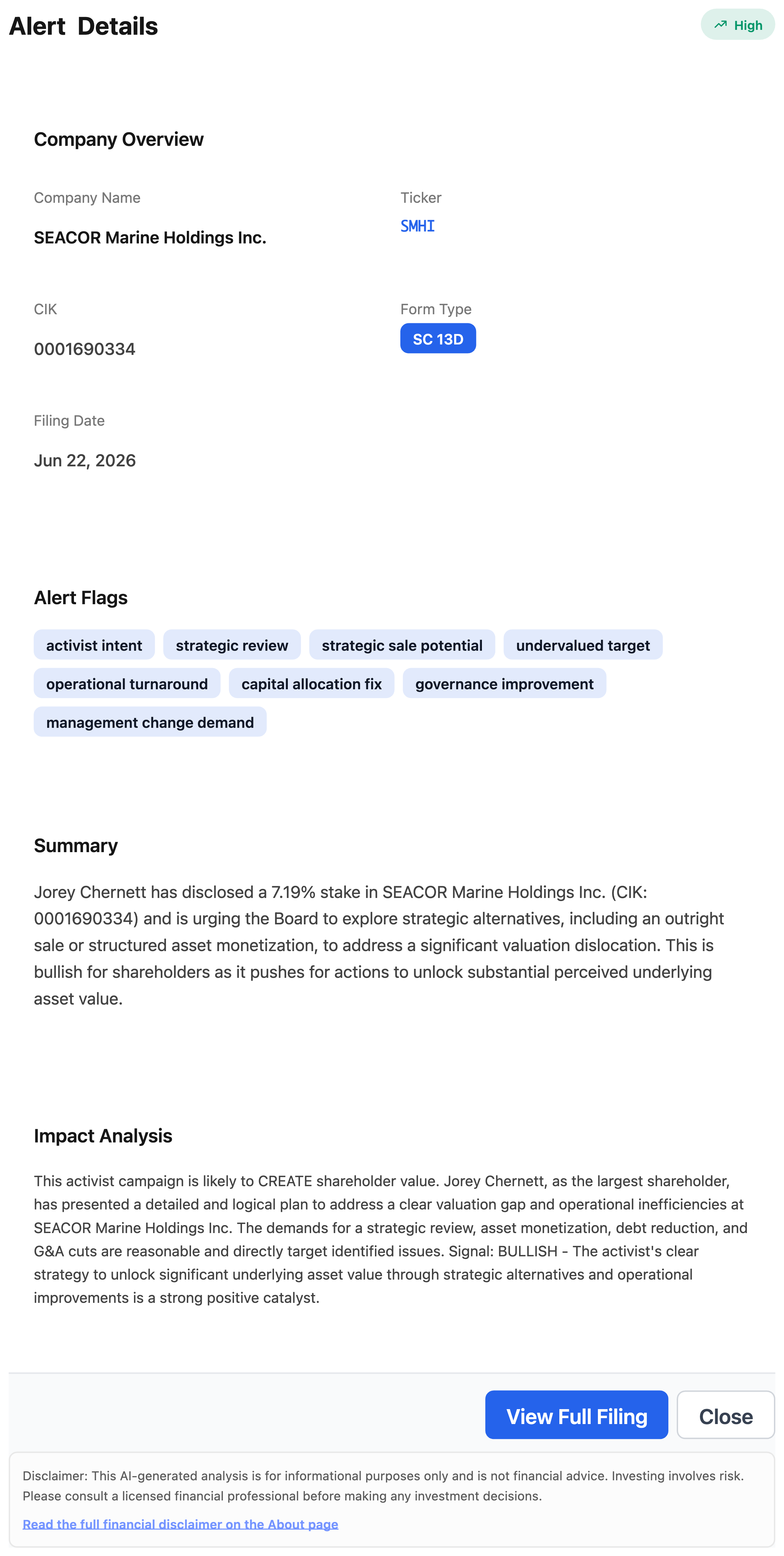 NexusAlert Alert Details for SEACOR Marine SC 13D showing company overview, alert flags, the filing summary, and impact analysis