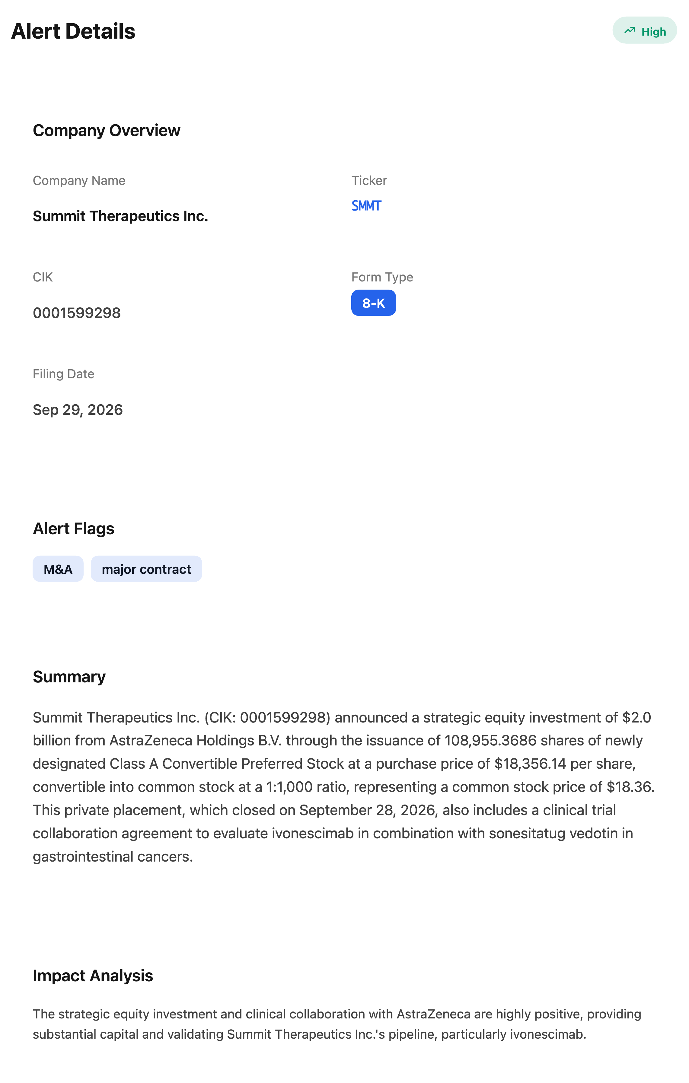 NexusAlert Alert Details card for the Summit Therapeutics 8-K showing the $2.0 billion AstraZeneca strategic equity investment, M&A and major contract flags, the AI summary and the impact analysis.