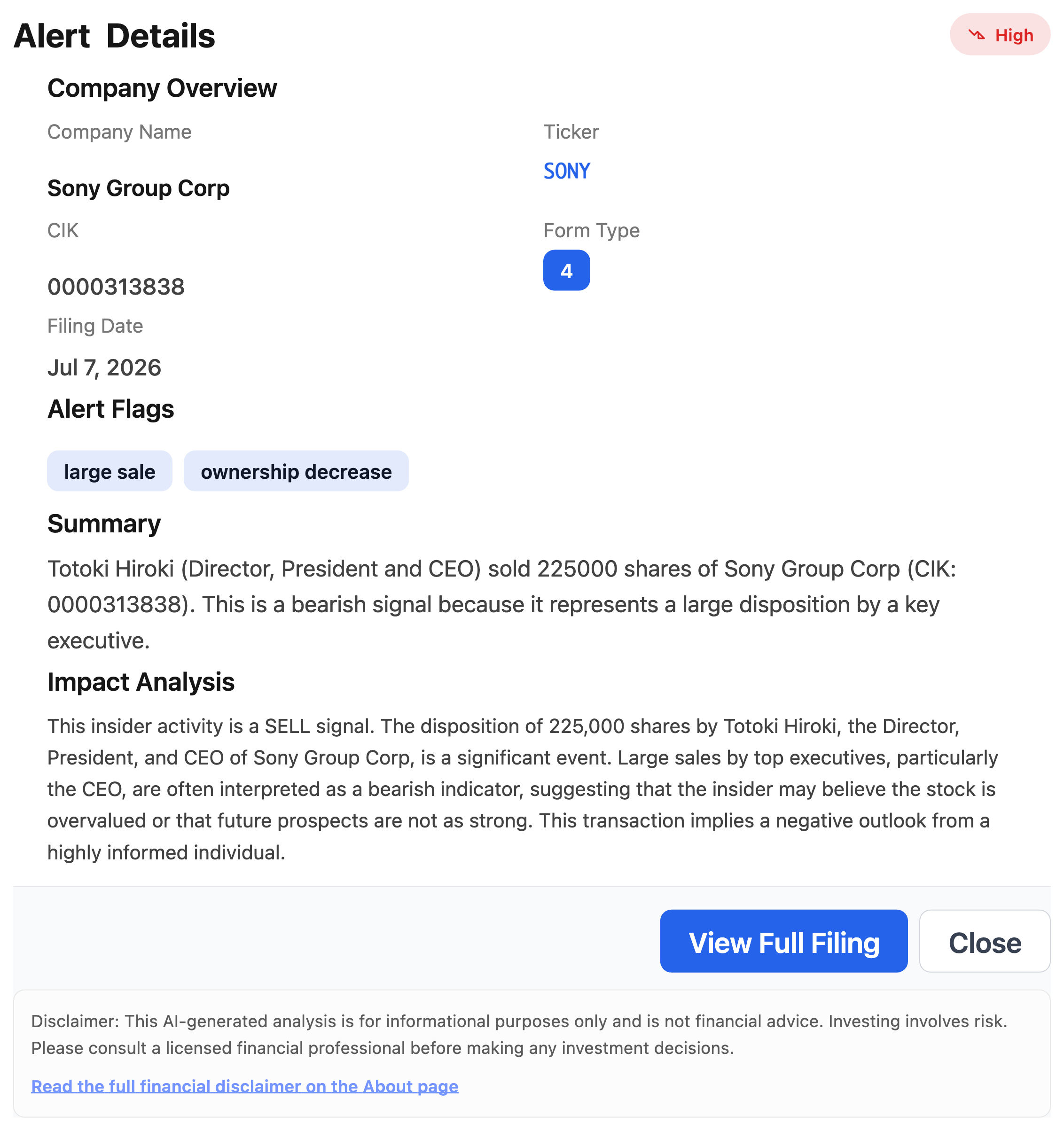 NexusAlert Alert Details for the Sony Group Form 4 showing CEO Hiroki Totoki sold 225,000 shares, tagged High severity, with a SELL signal Impact Analysis.