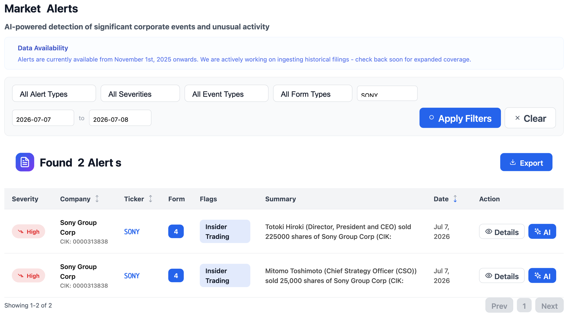 NexusAlert alerts table showing two same-day Sony Group Form 4 insider sales, one from the CEO and one from the Chief Strategy Officer, both flagged Insider Trading and High severity.