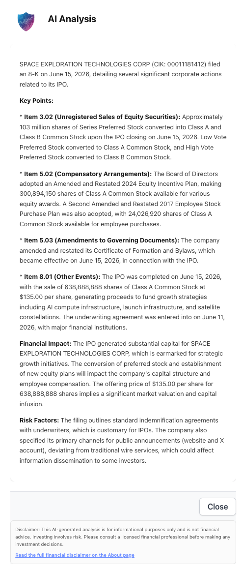 NexusAlert AI Analysis modal summarizing the SpaceX 8-K items: preferred conversion, equity plans, governing-document amendments, and the $86 billion IPO close with use of proceeds.