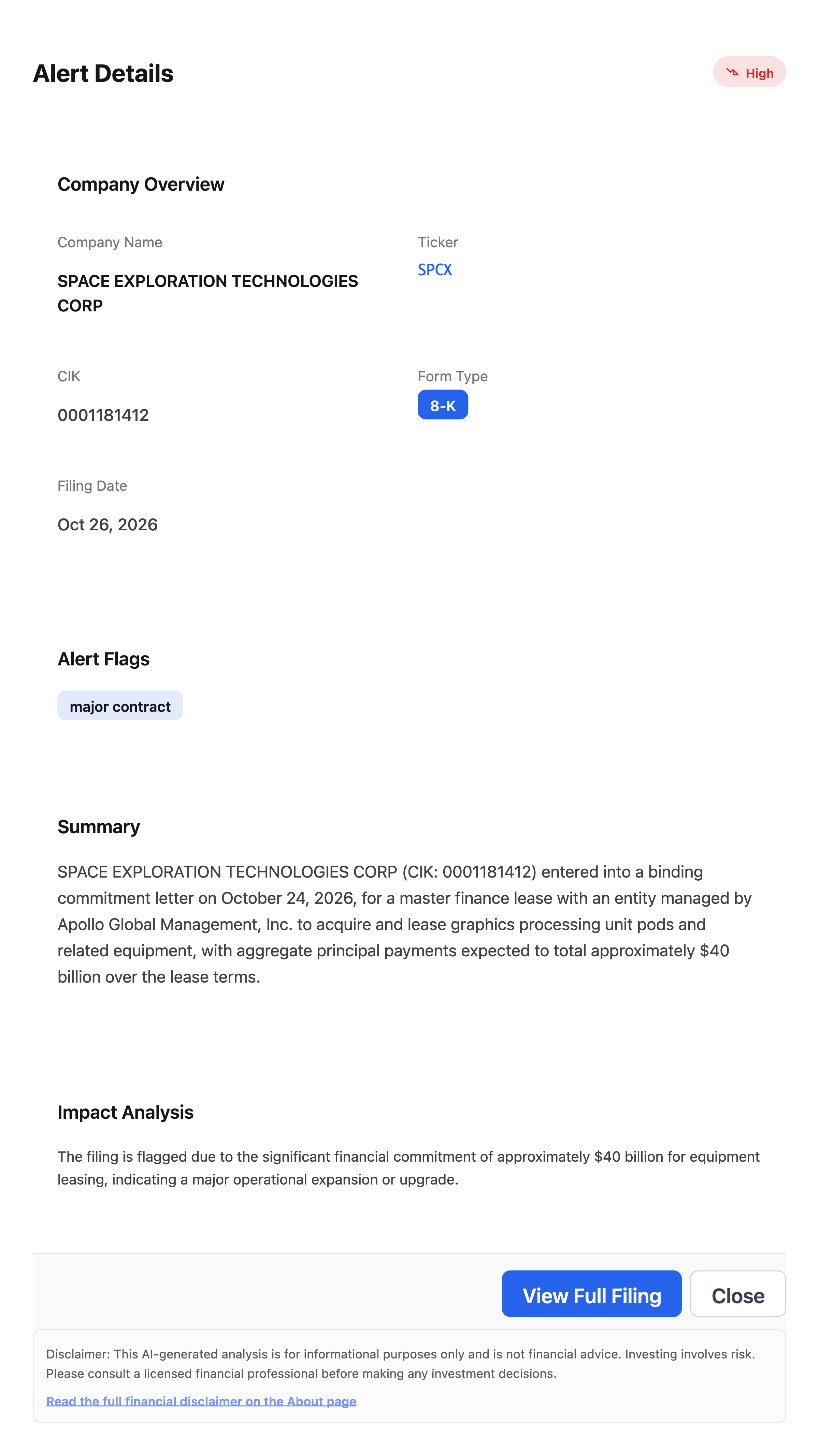 NexusAlert Alert Details card for SpaceX (SPCX) 8-K dated October 26, 2026, flagged High severity and major contract, with the AI summary of the $40 billion Apollo GPU master finance lease and the impact analysis.