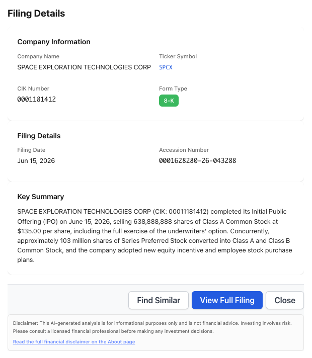 NexusAlert Filing Details for Space Exploration Technologies Corp showing company name, ticker SPCX, CIK 0001181412, Form Type 8-K, filing date June 15 2026, and a Key Summary of the $86 billion IPO close.