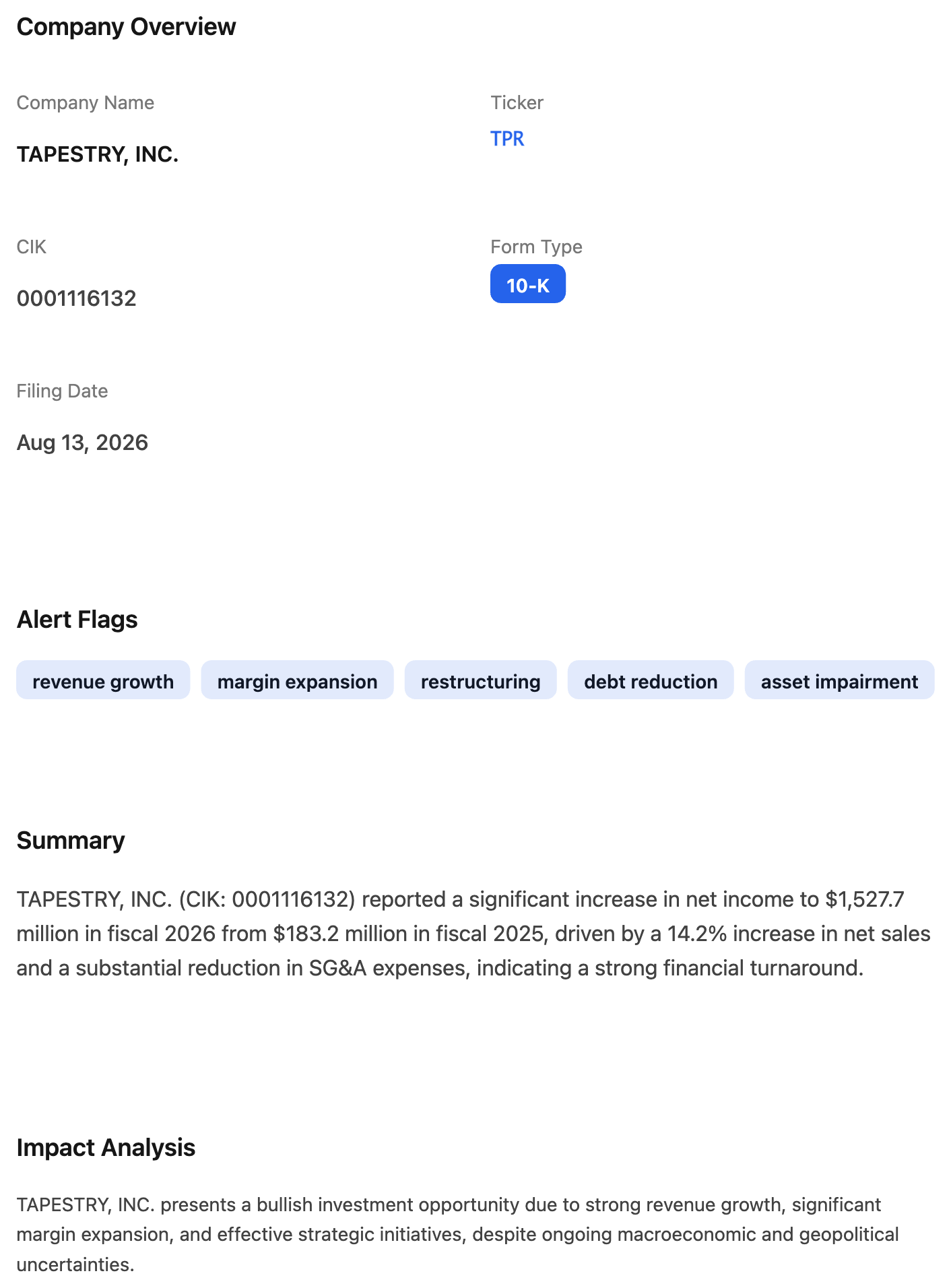 NexusAlert Alert Details for Tapestry Inc showing ticker TPR, CIK 0001116132, Form Type 10-K, filing date August 13 2026, alert flags for revenue growth, margin expansion, restructuring, debt reduction and asset impairment, and an AI summary reporting net income rising to $1,527.7 million in fiscal 2026 from $183.2 million in fiscal 2025.