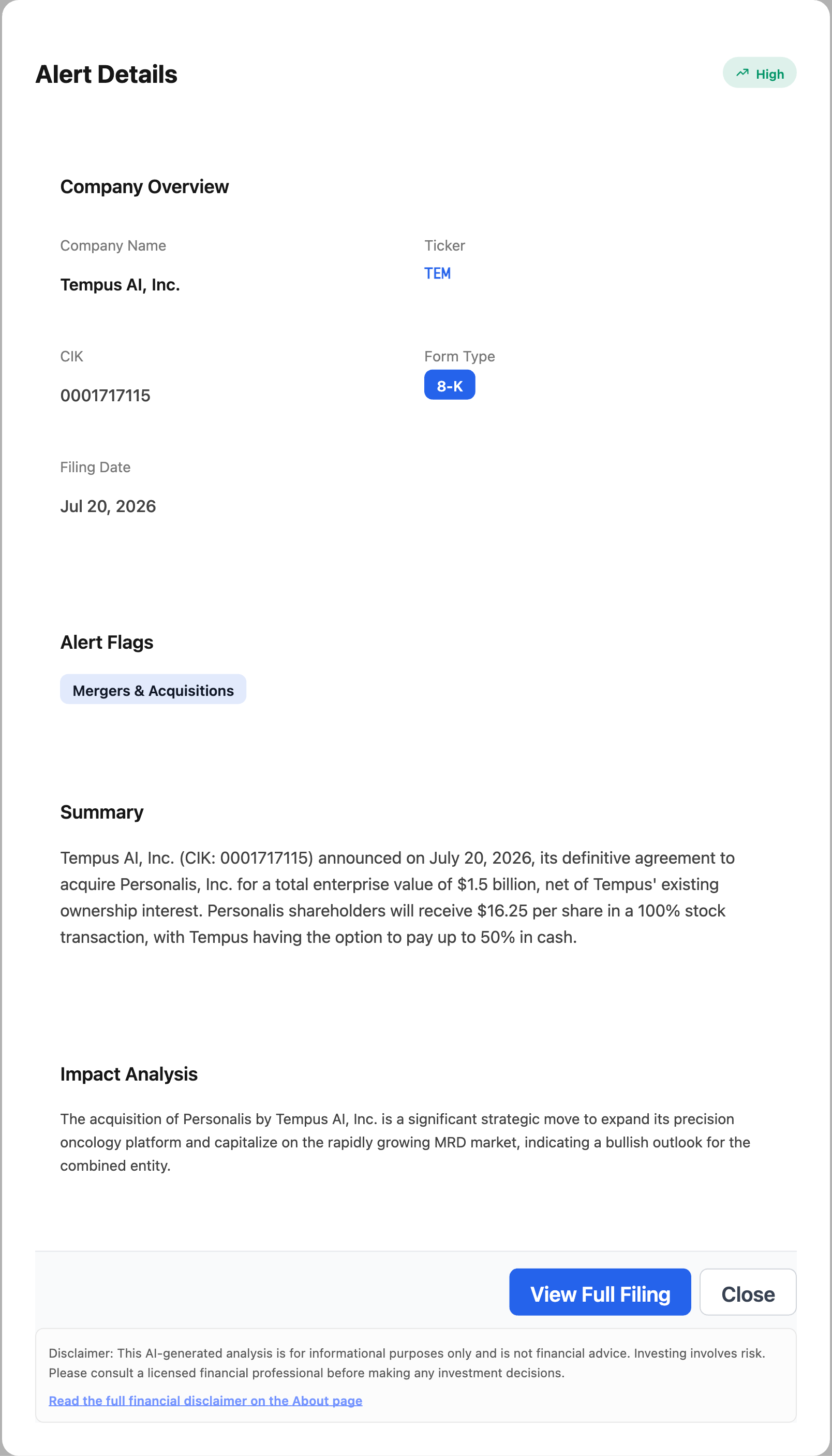 NexusAlert Alert Details for the Tempus AI 8-K: High severity, company Tempus AI Inc, CIK 0001717115, form type 8-K, filing date July 20 2026, Mergers and Acquisitions flag, plus the AI summary describing the $1.5 billion Personalis acquisition at $16.25 per share and the impact analysis.
