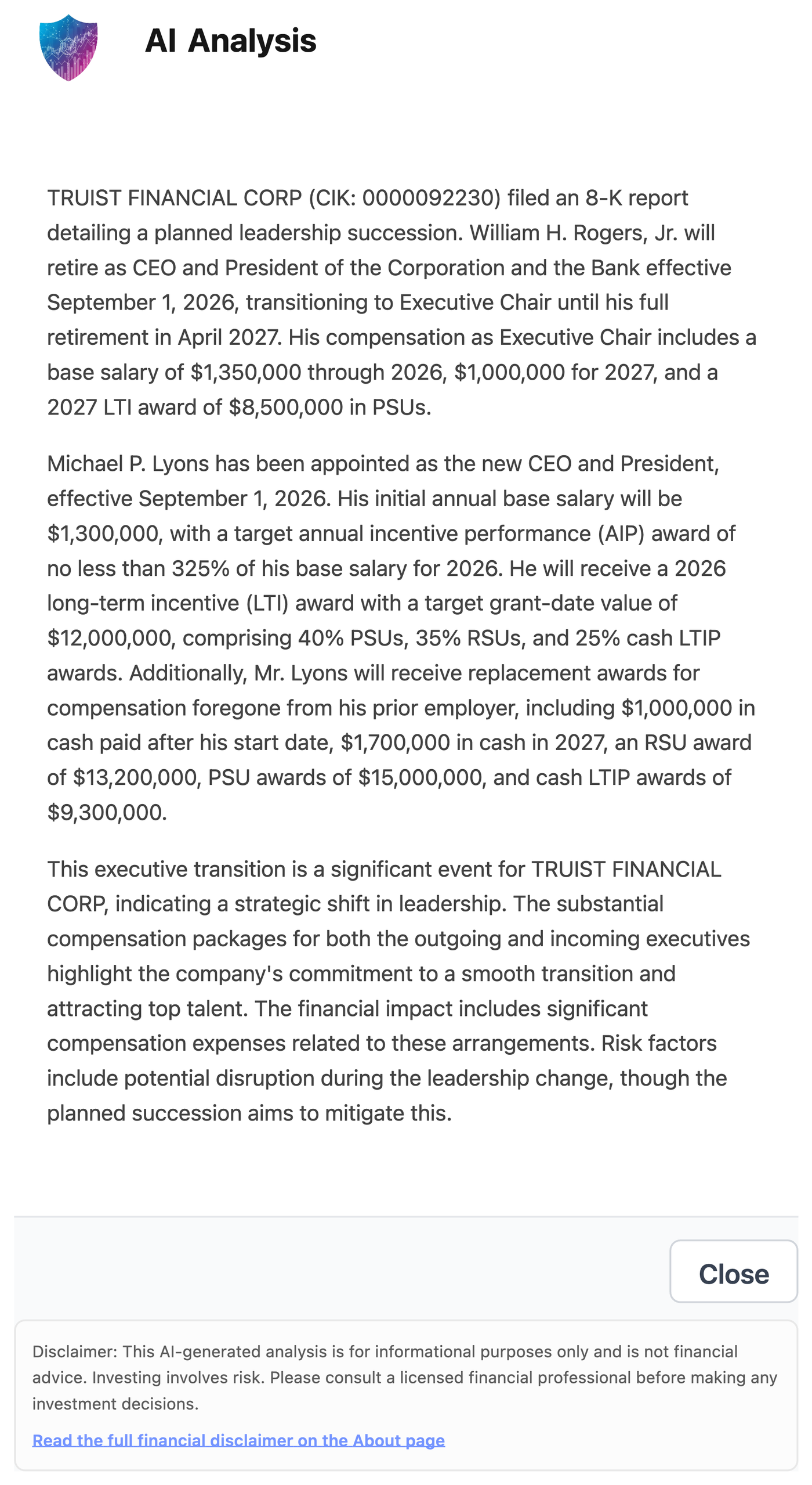NexusAlert AI Analysis modal summarizing the Truist CEO transition, including Lyons's $1.3M base salary, $12M 2026 long-term incentive target, and the itemized replacement awards.