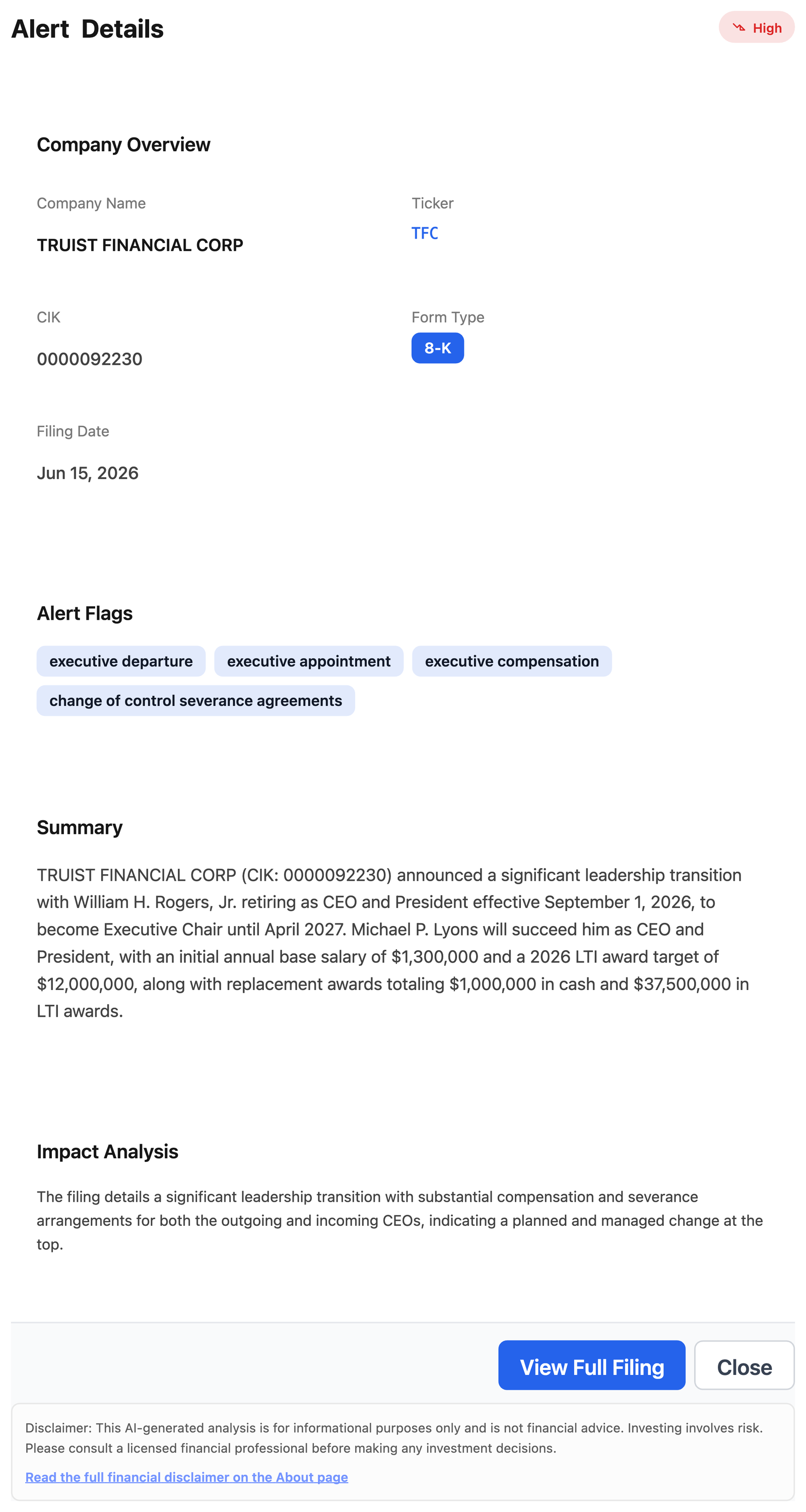 NexusAlert Alert Details for Truist Financial Corp showing the 8-K, High severity, executive change flags, and an AI summary of the CEO succession and pay terms.