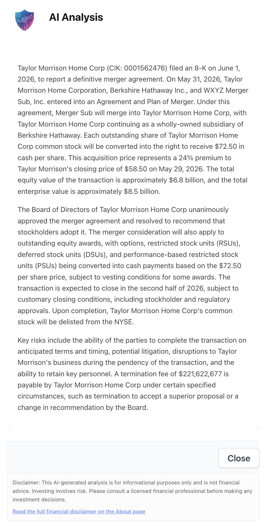 NexusAlert AI Analysis panel for Taylor Morrison Home Corp's 8-K, detailing the May 31, 2026 merger agreement with Berkshire Hathaway and WXYZ Merger Sub, the $72.50 per share cash price, the 24% premium to the $58.50 close on May 29, 2026, the $6.8 billion equity value and $8.5 billion enterprise value, unanimous board approval, conversion of equity awards to cash, an expected second-half-2026 close, NYSE delisting, and a $221,622,677 termination fee.