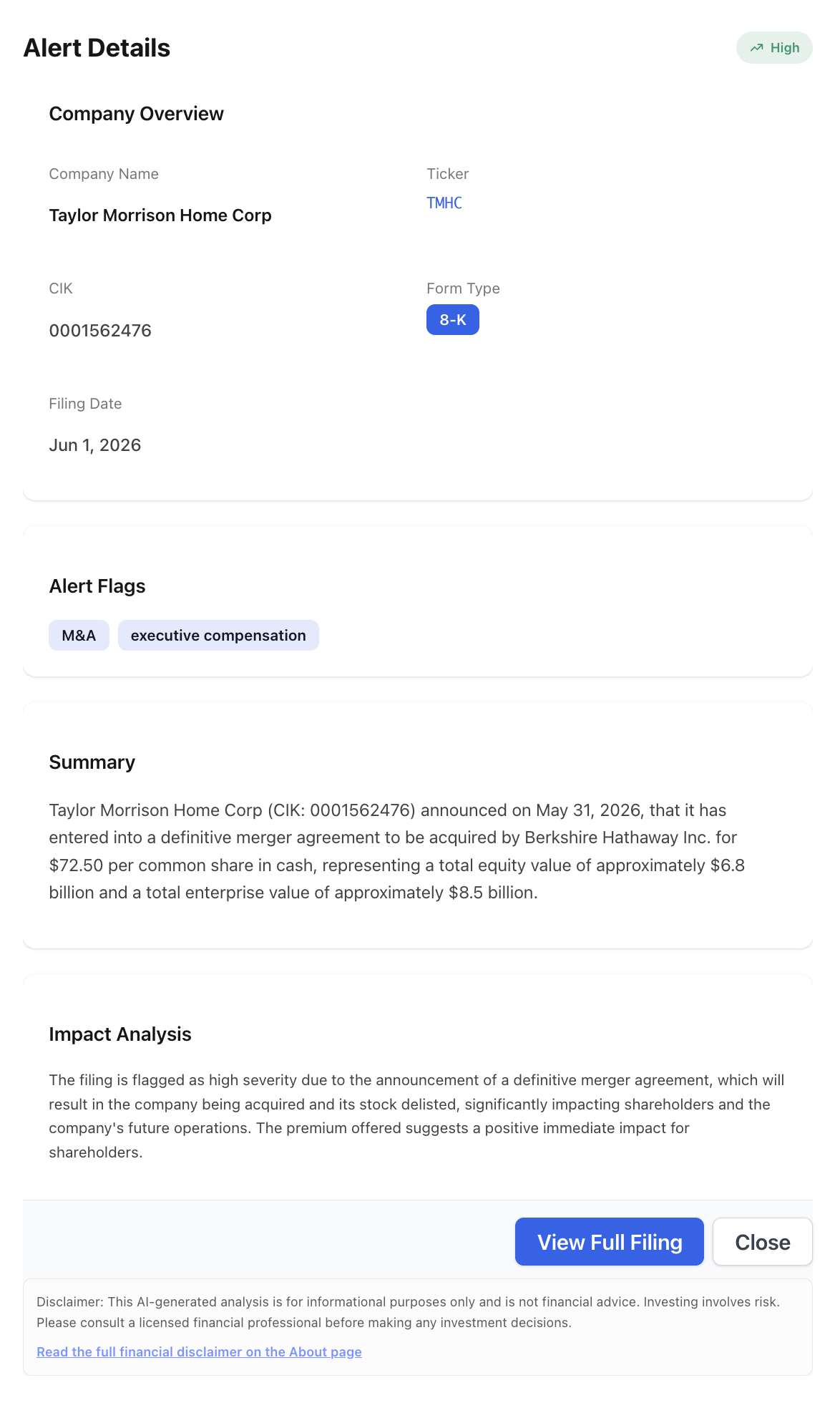 NexusAlert Alert Details panel for Taylor Morrison Home Corp showing a High-severity 8-K filed June 1, 2026, flagged for M&A and executive compensation, with a summary stating the company announced a definitive merger agreement to be acquired by Berkshire Hathaway for $72.50 per share in cash, a total equity value of approximately $6.8 billion and total enterprise value of approximately $8.5 billion.