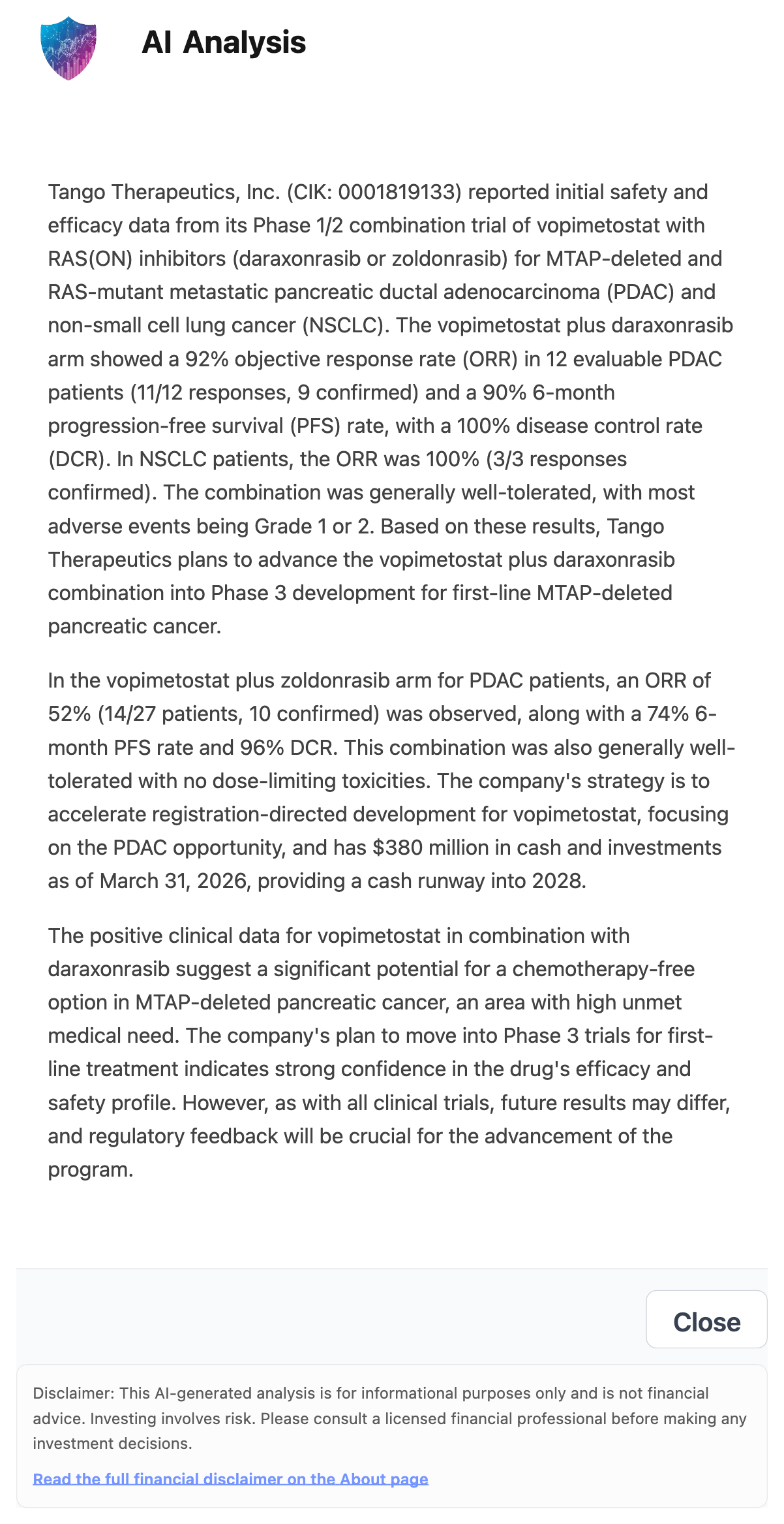 NexusAlert AI Analysis for Tango Therapeutics explaining the vopimetostat combinations: 92% ORR with daraxonrasib in 12 evaluable PDAC patients, 90% six-month PFS, 100% DCR, the 52% ORR zoldonrasib arm, and 380 million dollars in cash with runway into 2028.