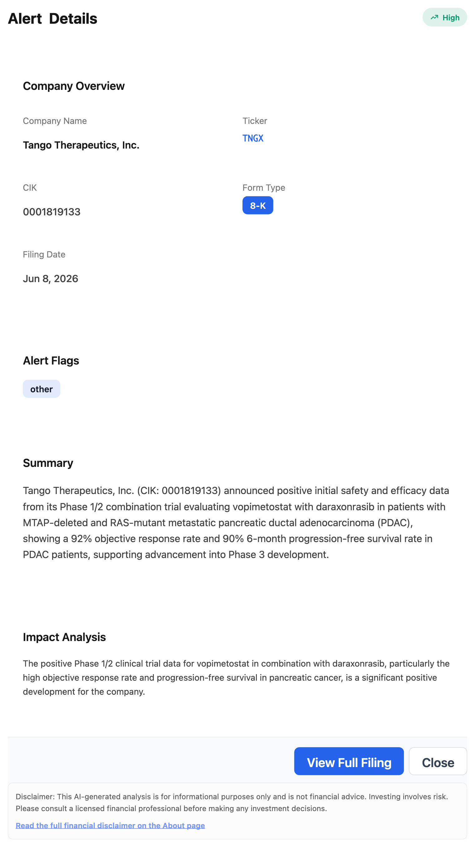 NexusAlert Alert Details for Tango Therapeutics (TNGX): 8-K, CIK 0001819133, filed June 8 2026, High severity, with the AI Summary and Impact Analysis describing the 92% objective response rate and 90% six-month progression-free survival in MTAP-deleted RAS-mutant metastatic pancreatic cancer.