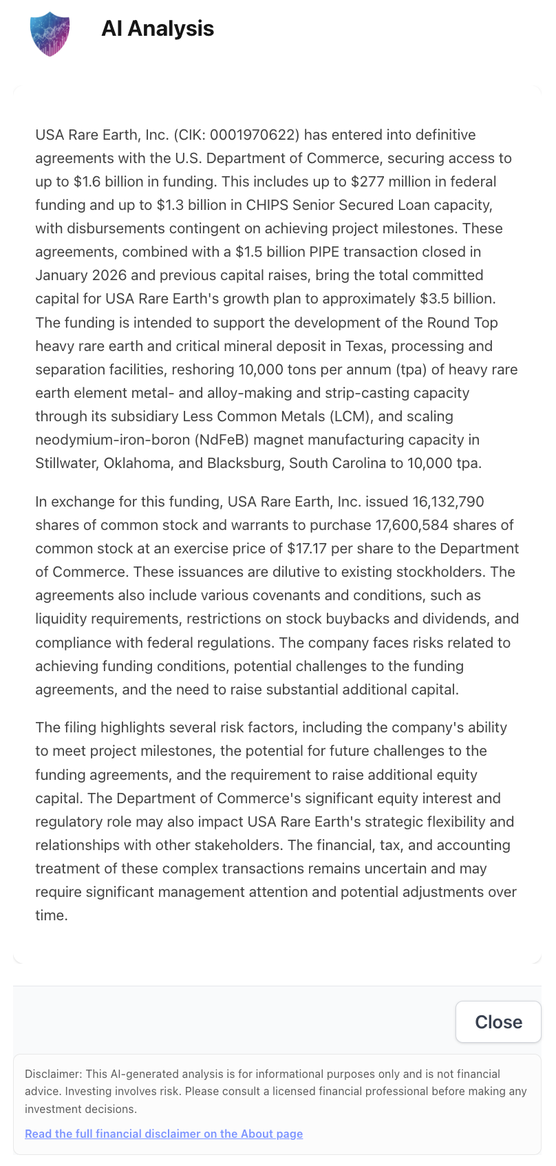 NexusAlert AI analysis of the USA Rare Earth 8-K detailing the $1.6 billion funding structure, share and warrant issuance, covenants, and dilution risk