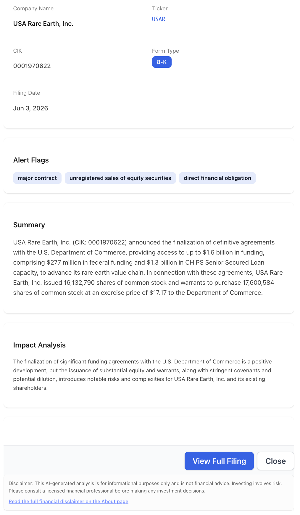 NexusAlert alert details for USA Rare Earth 8-K filed June 3, 2026, flagged for major contract, unregistered sales of equity securities, and direct financial obligation