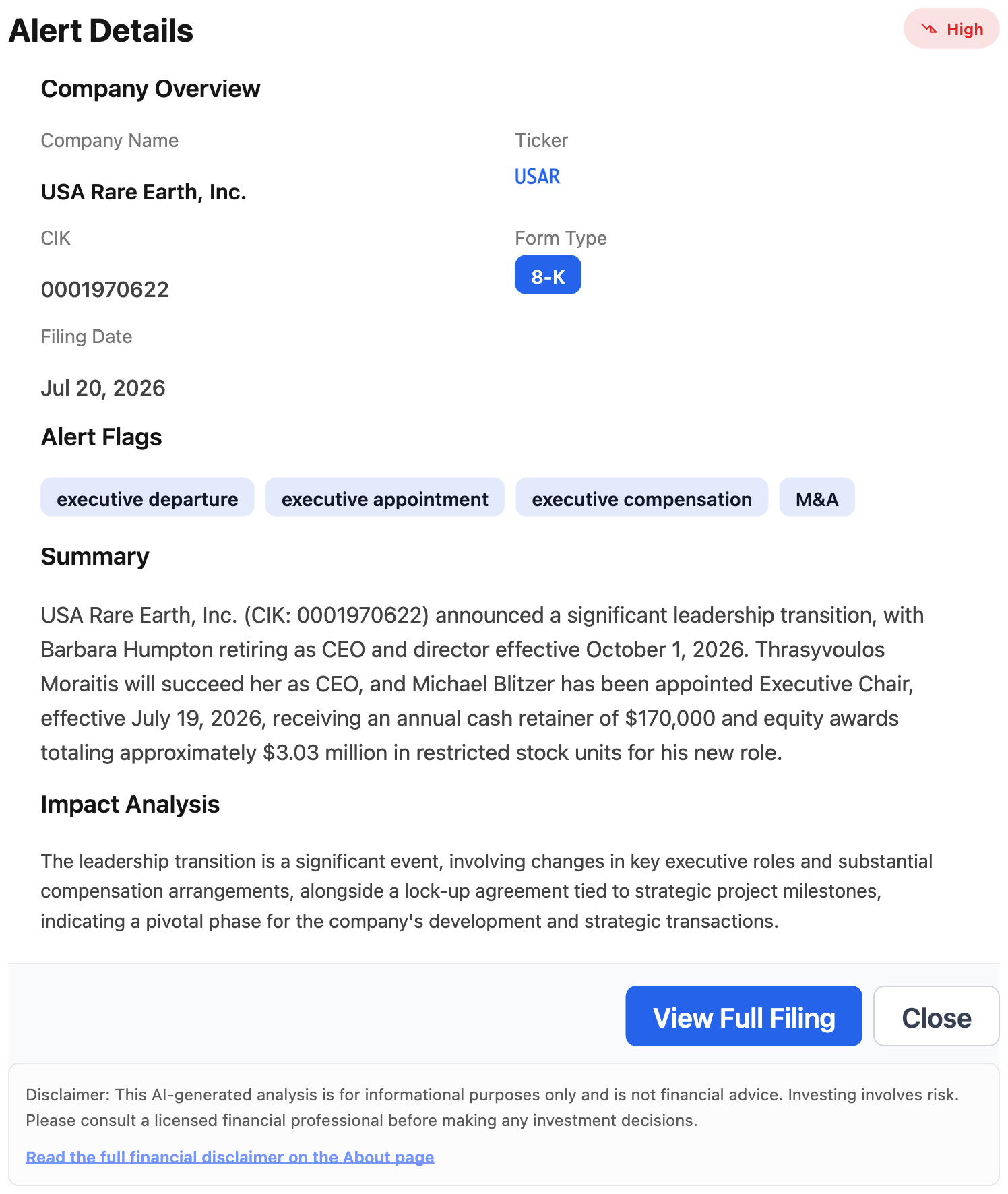 NexusAlert Alert Details for the USA Rare Earth 8-K showing ticker USAR, CIK 0001970622, Form Type 8-K, filed July 20 2026, flags for executive departure, executive appointment, executive compensation and M and A, with the AI Summary and Impact Analysis of the leadership transition.