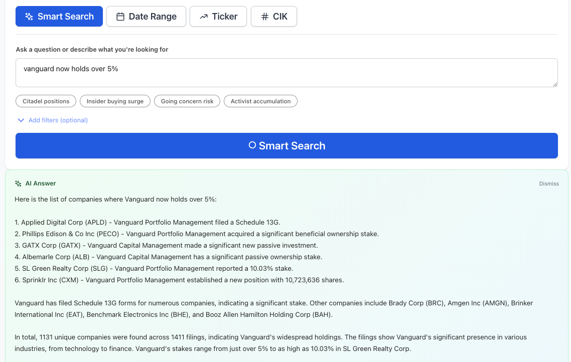 NexusAlert Smart Search returning 1,411 SC 13G filings across 1,131 unique companies for the query 'vanguard now holds over 5%'