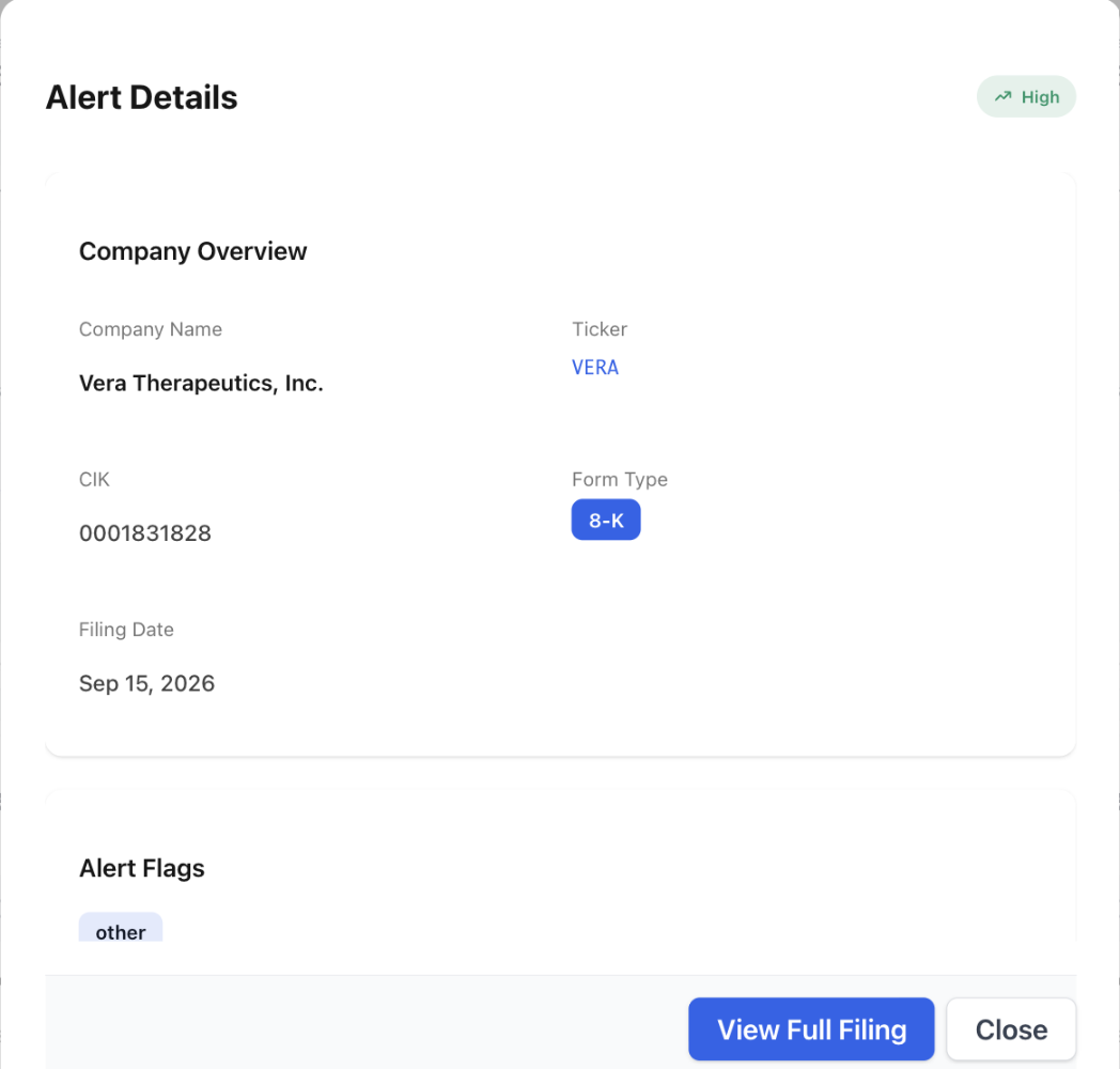 NexusAlert Alert Details modal showing the Vera Therapeutics 8-K alert for the TRUTAKNA ORIGIN 3 trial results, with High severity, ticker VERA, CIK, form type, and filing date.
