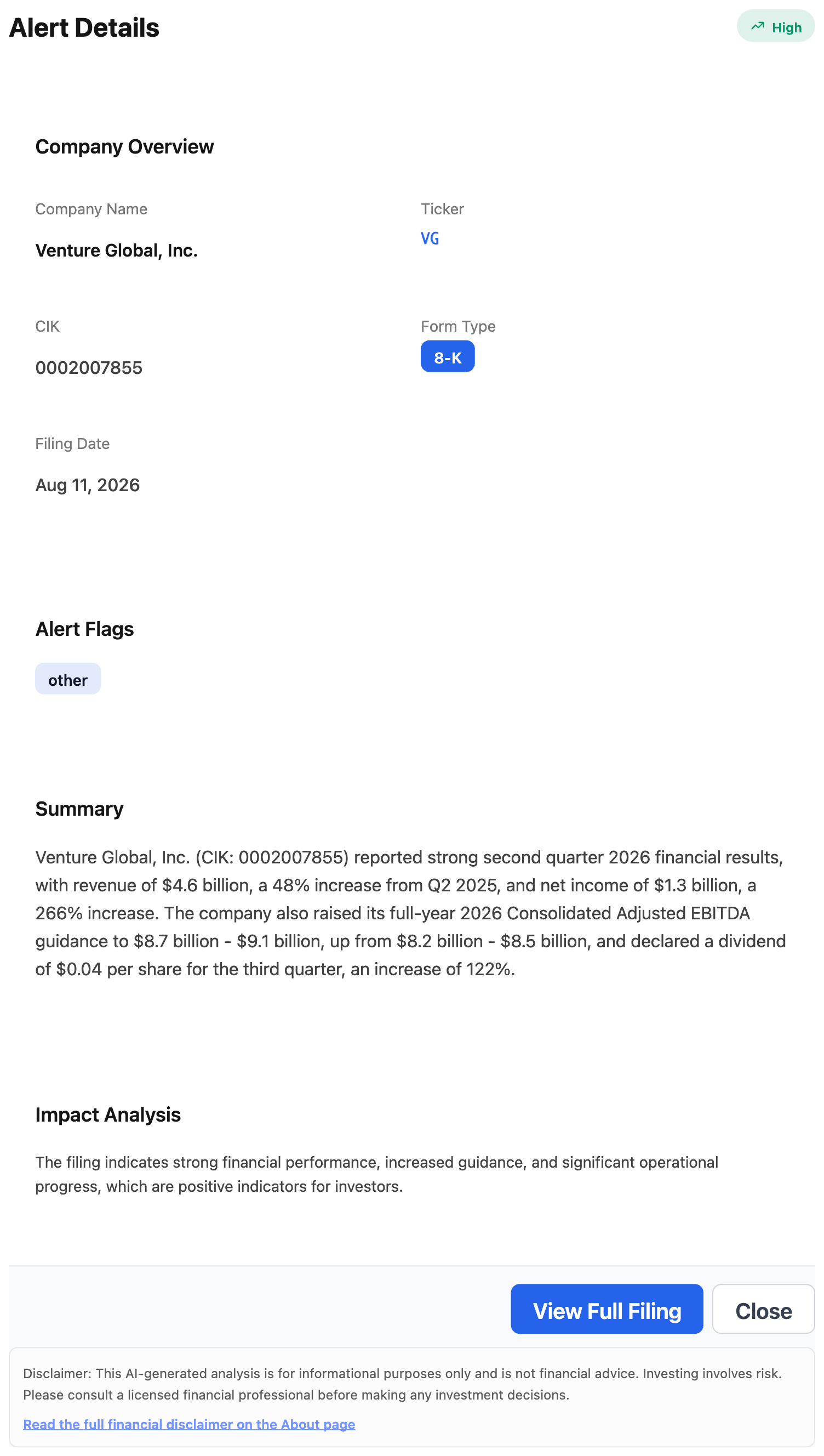 NexusAlert Alert Details for the Venture Global 8-K filed August 11, 2026, showing ticker VG, CIK 0002007855, form type 8-K, High severity, and an AI summary reporting Q2 revenue of 4.6 billion dollars up 48 percent, net income of 1.3 billion dollars up 266 percent, and raised full-year Adjusted EBITDA guidance of 8.7 to 9.1 billion dollars.