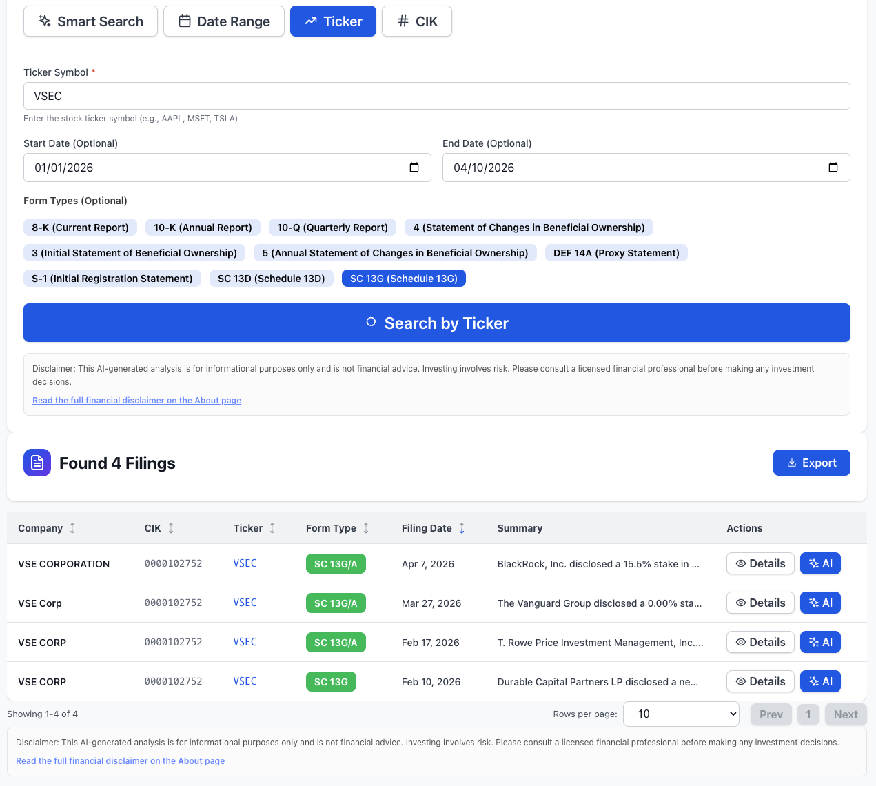 NexusAlert ticker search for VSEC filtered to Schedule 13G forms, showing four filings since January 2026 from BlackRock, The Vanguard Group, T. Rowe Price Investment Management, and Durable Capital Partners LP