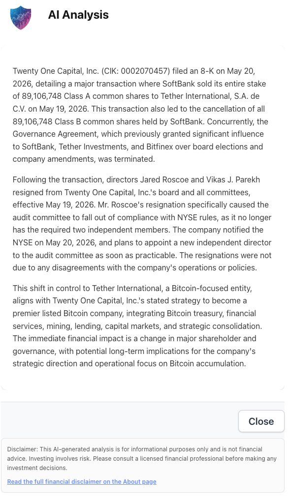 NexusAlert AI Analysis for the Twenty One Capital 8-K. The analysis explains that on May 19, 2026, SoftBank sold its entire stake of 89,106,748 Class A common shares to Tether International, S.A. de C.V. The transaction also led to the cancellation of all 89,106,748 Class B common shares held by SoftBank. Concurrently, the Governance Agreement, which previously granted significant influence to SoftBank, Tether Investments, and Bitfinex over board elections and company amendments, was terminated. Directors Jared Roscoe and Vikas J. Parekh resigned effective May 19, 2026. Mr. Roscoe's resignation specifically caused the audit committee to fall out of compliance with NYSE rules, as it no longer has the required two independent members. The company notified NYSE on May 20, 2026, and plans to appoint a new independent director as soon as practicable. The shift in control to Tether International, a Bitcoin-focused entity, aligns with Twenty One Capital's stated strategy to become a premier listed Bitcoin company.