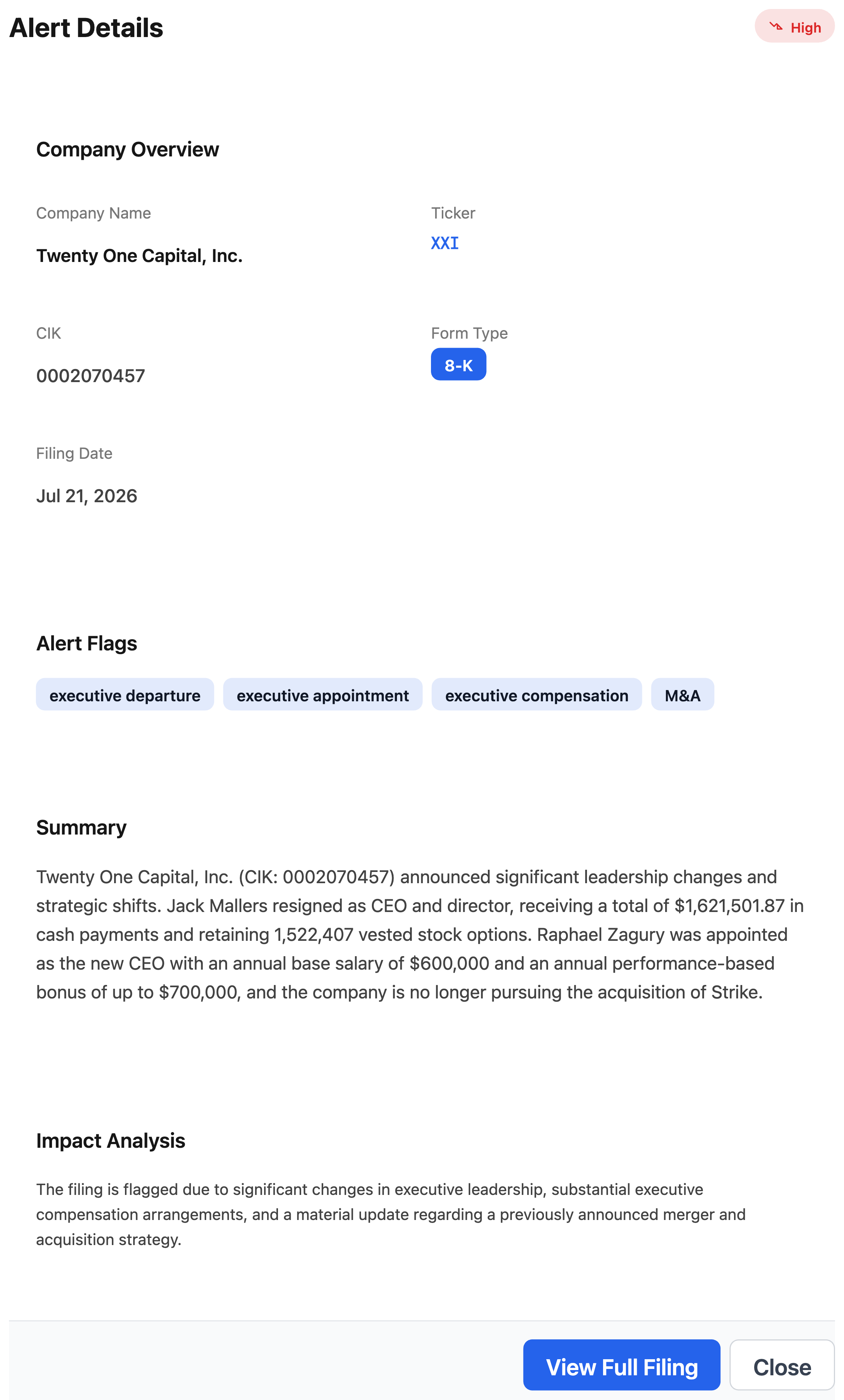 NexusAlert Alert Details for the Twenty One Capital 8-K showing ticker XXI, CIK 0002070457, Form Type 8-K, filed July 21 2026, flags for executive departure, executive appointment, executive compensation and M and A, with the AI Summary listing the $1,621,501.87 in cash payments and 1,522,407 vested options, plus the Impact Analysis.