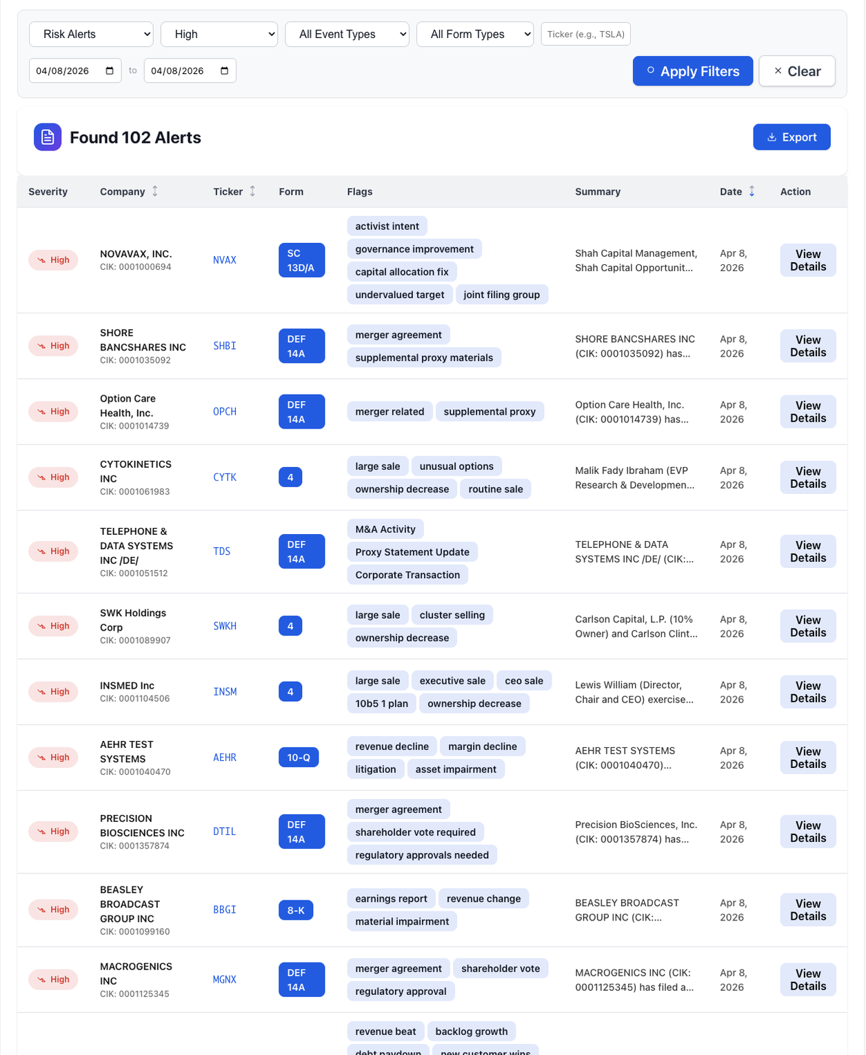 NexusAlert Alerts Dashboard — real-time risk and opportunity alerts from SEC filings