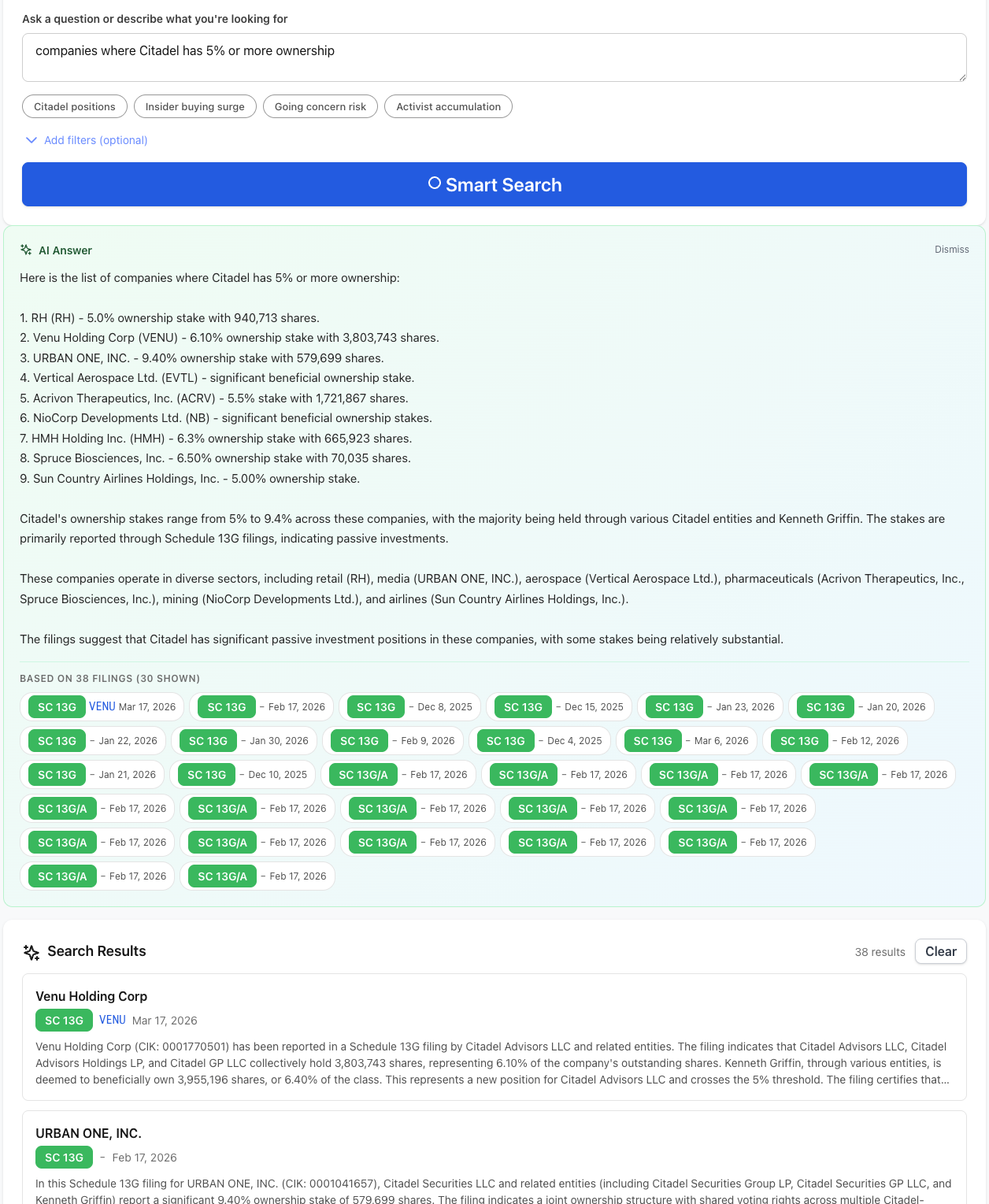 NexusAlert Smart Search — AI-powered natural language search across 100,000+ SEC filings