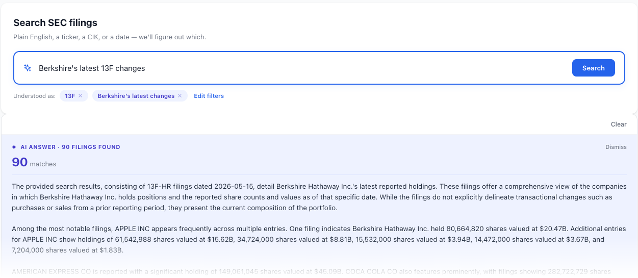 NexusAlert omnibox search — the query 'Berkshire's latest 13F changes' interpreted into Form 13F and topic chips, with an AI answer summarizing 90 matching 13F-HR filings and the cited source filings listed below