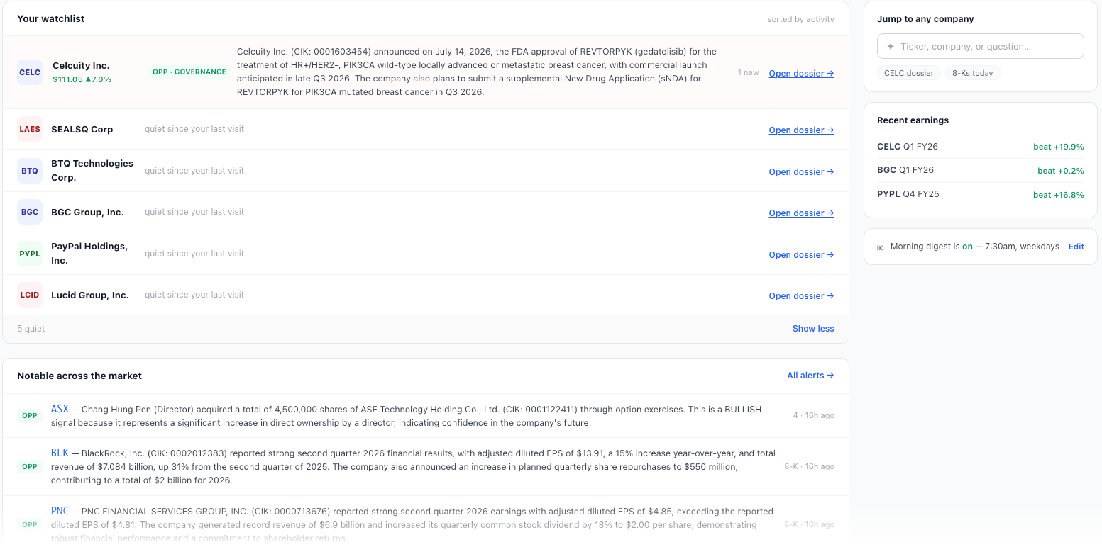 NexusAlert Today dashboard — a populated watchlist ranked by activity, with a company's FDA-approval signal surfaced up top, quiet names collapsed, a morning-digest indicator, recent earnings, and the omnibox to jump to any company